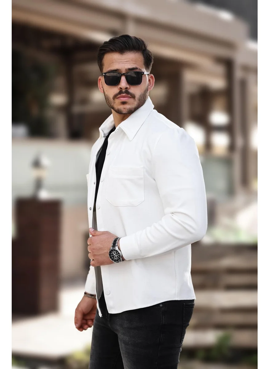 Miron White Pique Textured Fabric Shirt Collar Pocket Regular Fit Jacket - 2314