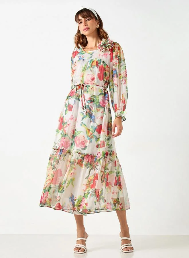 2Xtremz 2Xtremz All-Over Print Dress with Volume Sleeves and Tie-Up Belt