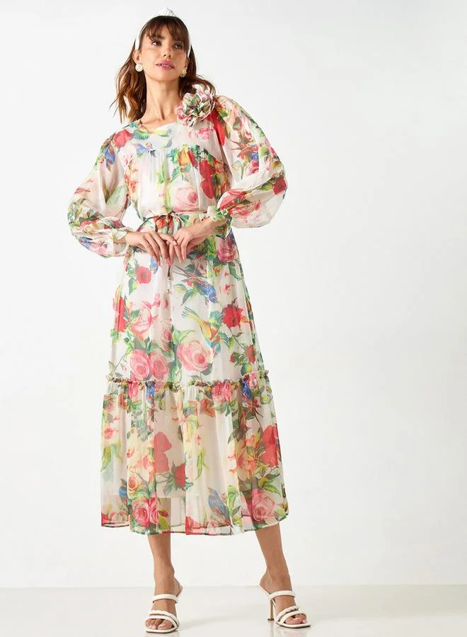 2Xtremz 2Xtremz All-Over Print Dress with Volume Sleeves and Tie-Up Belt