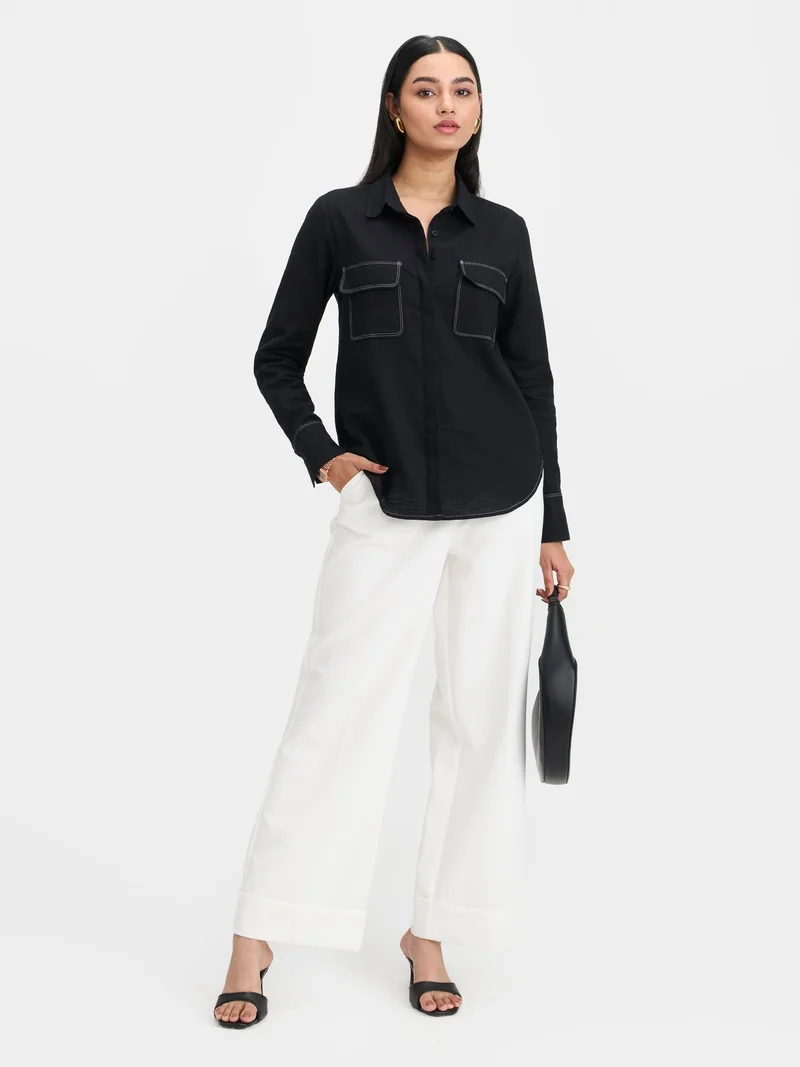 Virgio Solid Cotton Shirt Contrast Stitches for Women