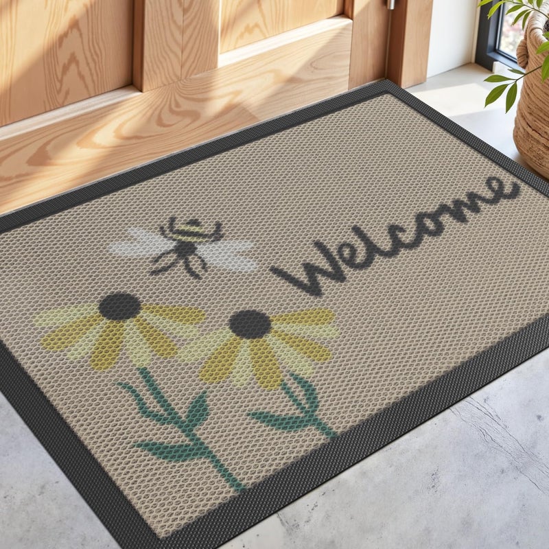 DEXI Front Door Mat Outside Entrance Welcome, Froral Entryway Doormat Dirt Trapper, Heavy Duty Non Slip Entry Mats for Patio Garage Porch Home Decorative, 17x30, Bee and Flower - Image 1