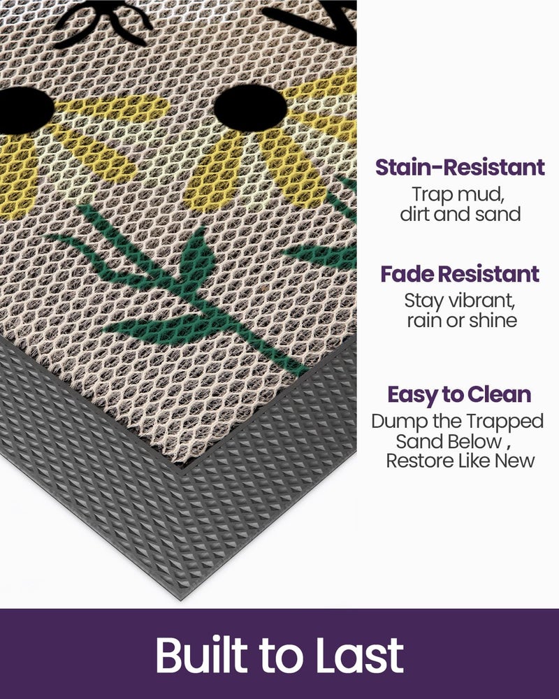 DEXI Front Door Mat Outside Entrance Welcome, Froral Entryway Doormat Dirt Trapper, Heavy Duty Non Slip Entry Mats for Patio Garage Porch Home Decorative, 17x30, Bee and Flower - Image 3