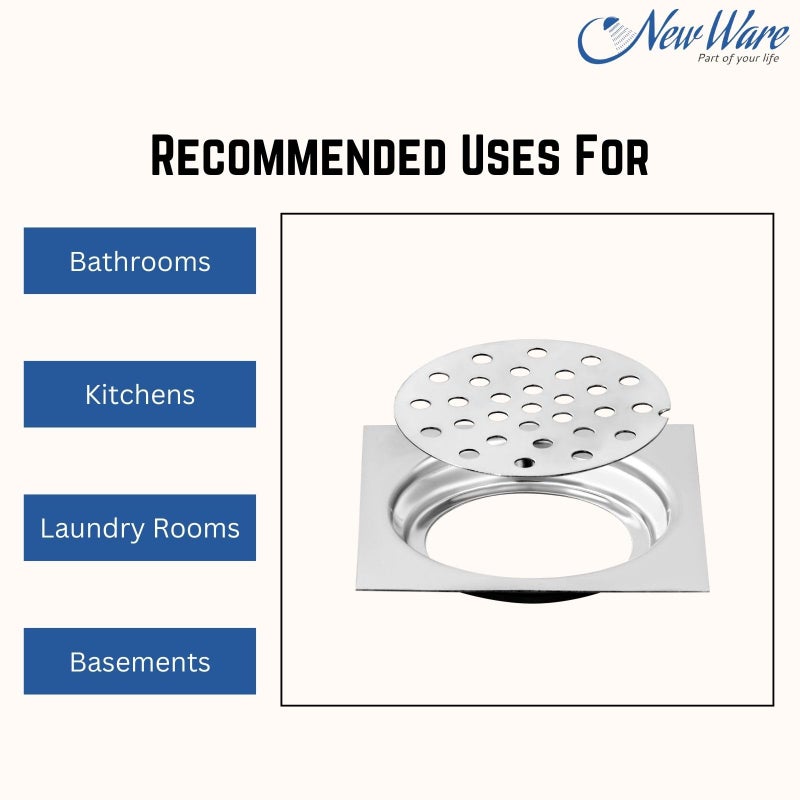 NEW WARE® Square 4x4 Inch Stainless Steel Bathroom Jali/Trap Floor Drain with Chrome Finish Water Drain Grating - Image 3