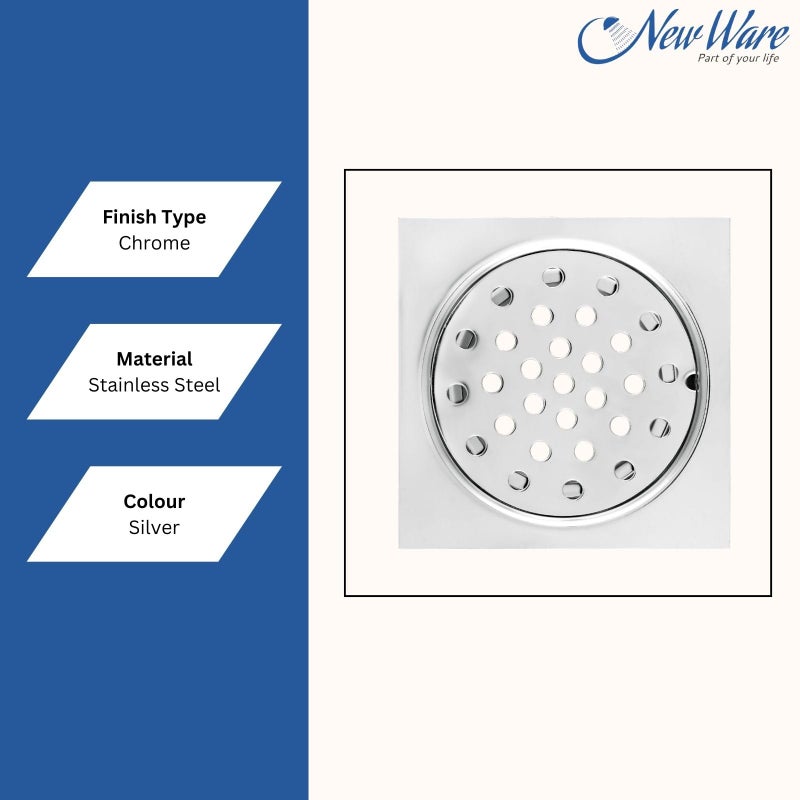NEW WARE® Square 4x4 Inch Stainless Steel Bathroom Jali/Trap Floor Drain with Chrome Finish Water Drain Grating - Image 5