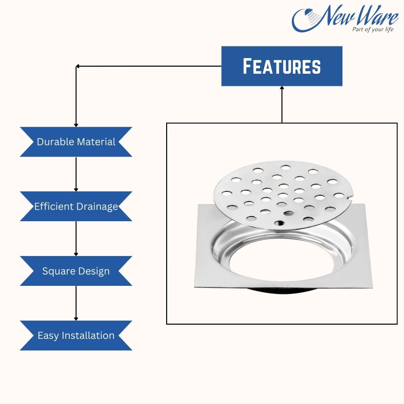 NEW WARE® Square 4x4 Inch Stainless Steel Bathroom Jali/Trap Floor Drain with Chrome Finish Water Drain Grating - Image 4