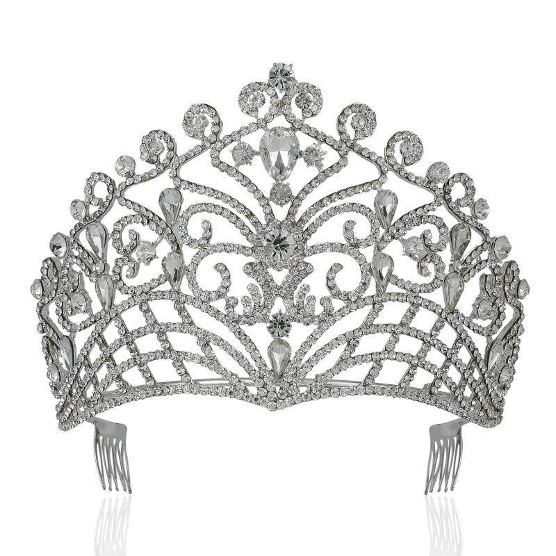 Janefashions Lush Clear Austrian Crystal Rhinestone Tiara Crown Bridal Prom Pageant T11884 (Silver Plated) - Image 1
