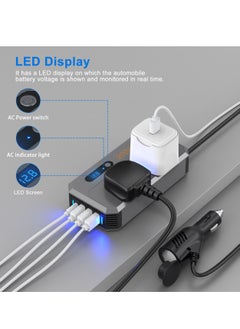 Arabest Car Power Inverter, DC 12/24V to 220V AC Car Inverter,3 USB 1 Type-C Ports Charger Adapter Car Plug Converter with Switch and Current LED Screen, Suitable for Car, SUV & Truck (Sliver Grey)  - Image 2