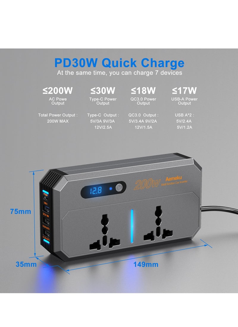 Arabest Car Power Inverter, DC 12/24V to 220V AC Car Inverter,3 USB 1 Type-C Ports Charger Adapter Car Plug Converter with Switch and Current LED Screen, Suitable for Car, SUV & Truck (Sliver Grey)  - Image 3