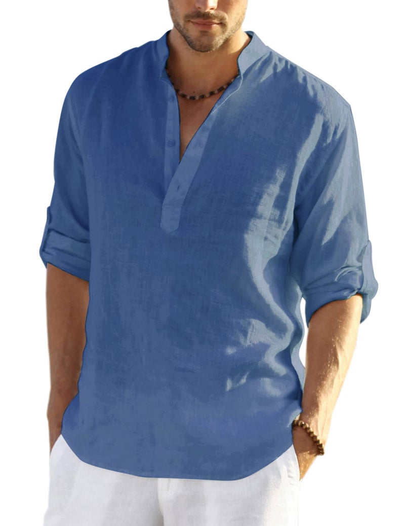COOFANDY Men's Cotton Linen Shirts Long Sleeve Casual T-Shirts Hippie Summer Beach Tops Denim Blue - Image 1