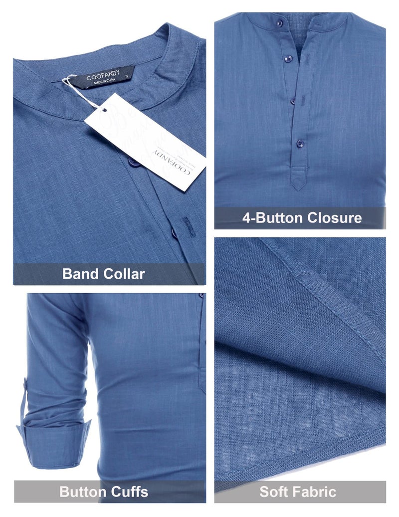 COOFANDY Men's Cotton Linen Shirts Long Sleeve Casual T-Shirts Hippie Summer Beach Tops Denim Blue - Image 5