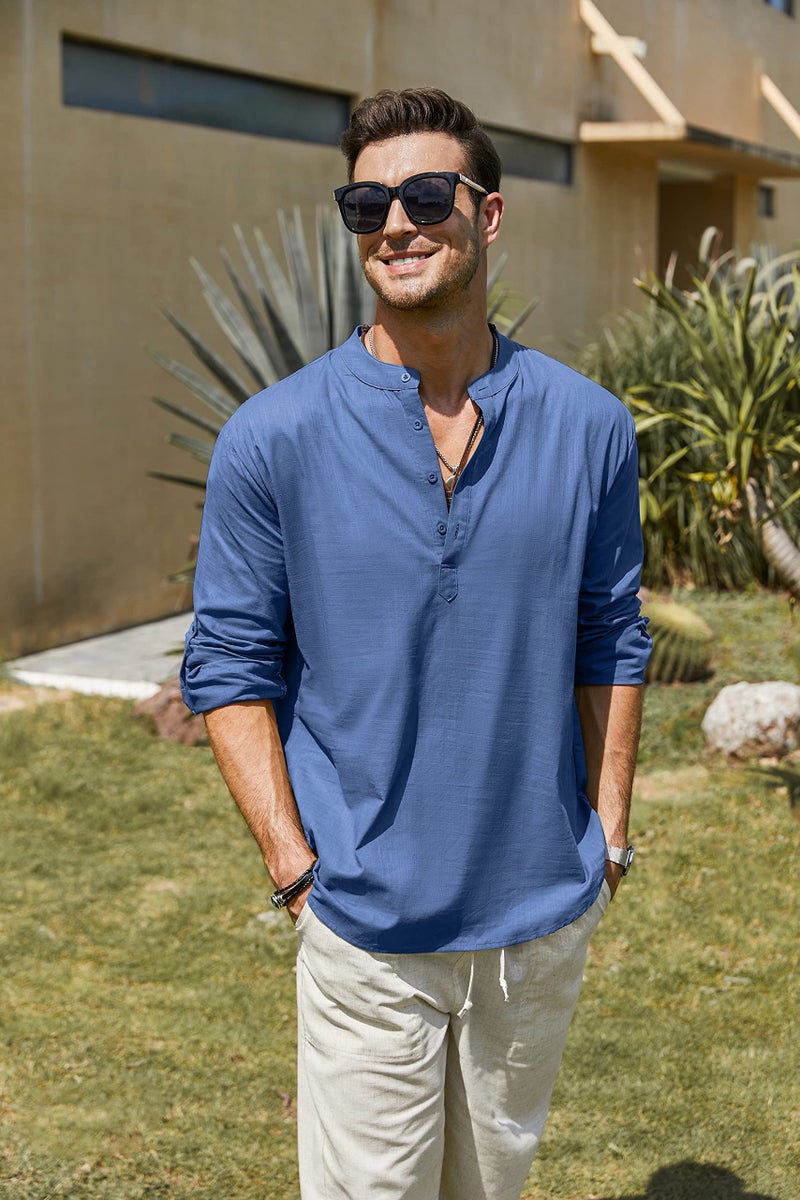 COOFANDY Men's Cotton Linen Shirts Long Sleeve Casual T-Shirts Hippie Summer Beach Tops Denim Blue - Image 4