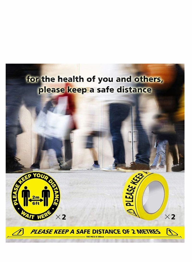Hazard Tape 2 Roll with Piece Safety Sign, Keep Social Distancing -PLEASE KEEP A SAFE DISTANCE OF METRES