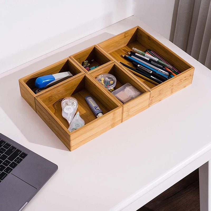 Lawei Set of 5 Bamboo Drawer Organizer Boxes, Desk Storage Box Kit, Drawer Storage Containers Tray Bins for Office, Kitchen, Bedroom, Children Room, Craft, Sewing - Image 5