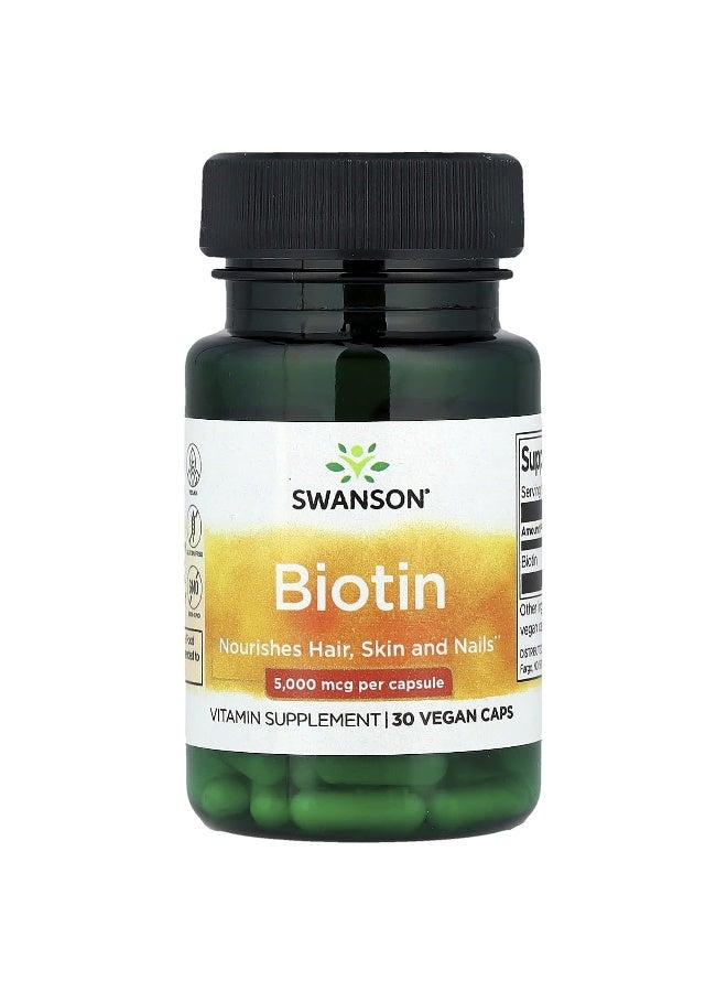 SWANSON Swanson, Biotin, 5,000 mcg, 30 Vegan Caps  - Image 1