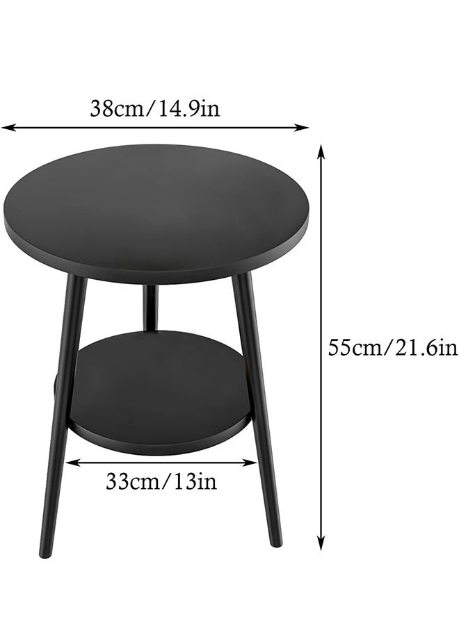 سولاكان طاولة جانبية دائرية، طاولة بجانب السرير بطابقين، منضدة ليلية سوداء، طاولة نهاية عصرية، طاولة قهوة جانبية لغرفة المعيشة وغرفة النوم، سهلة التركيب (أسود، طابقان) - Image 3