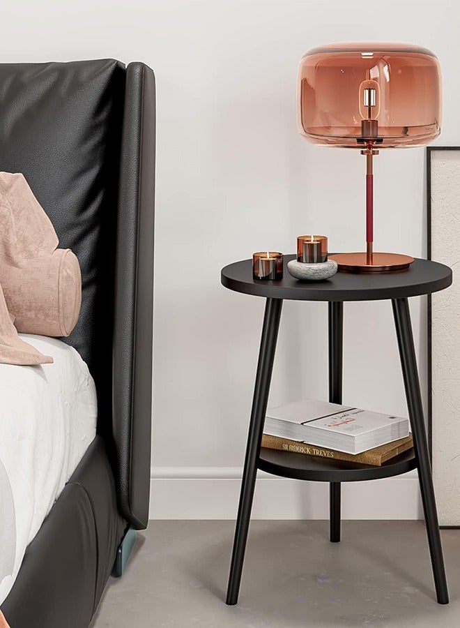 سولاكان طاولة جانبية دائرية، طاولة بجانب السرير بطابقين، منضدة ليلية سوداء، طاولة نهاية عصرية، طاولة قهوة جانبية لغرفة المعيشة وغرفة النوم، سهلة التركيب (أسود، طابقان) - Image 5