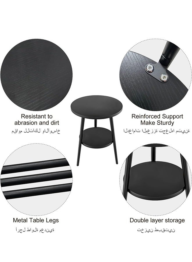 سولاكان طاولة جانبية دائرية، طاولة بجانب السرير بطابقين، منضدة ليلية سوداء، طاولة نهاية عصرية، طاولة قهوة جانبية لغرفة المعيشة وغرفة النوم، سهلة التركيب (أسود، طابقان) - Image 4