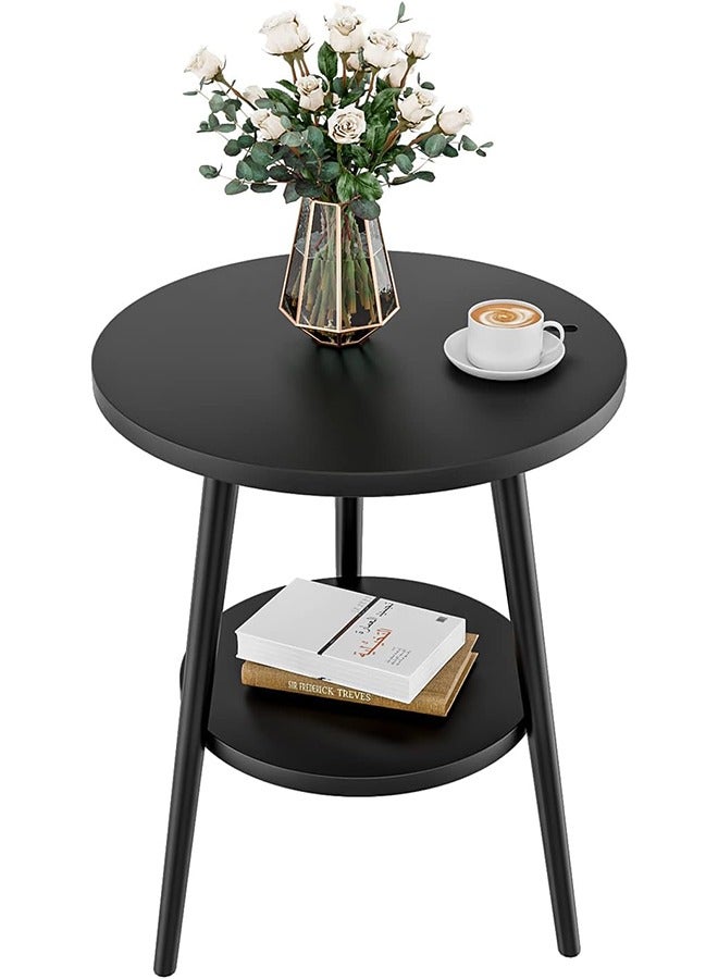 سولاكان طاولة جانبية دائرية، طاولة بجانب السرير بطابقين، منضدة ليلية سوداء، طاولة نهاية عصرية، طاولة قهوة جانبية لغرفة المعيشة وغرفة النوم، سهلة التركيب (أسود، طابقان) - Image 2