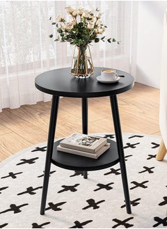 Generic Side Table Round Bedside Table 2-Tier White Nightstand Modern End Table Coffee End Table for Living Room, Bedroom Easy Assembly (Black, 2-Tier)  - Image 1