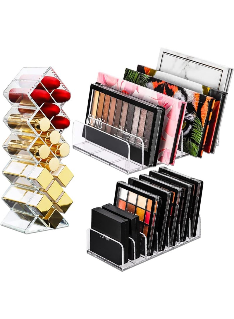 Bincoo 3-Pieces Makeup Organizer, Eyeshadow Storage Holder and Lipstick Holder, Acrylic Cosmetic Organizer Cosmetics Shelf Display for Bathroom Countertops, Cabinets, 7 Sections (Clear) - Image 1