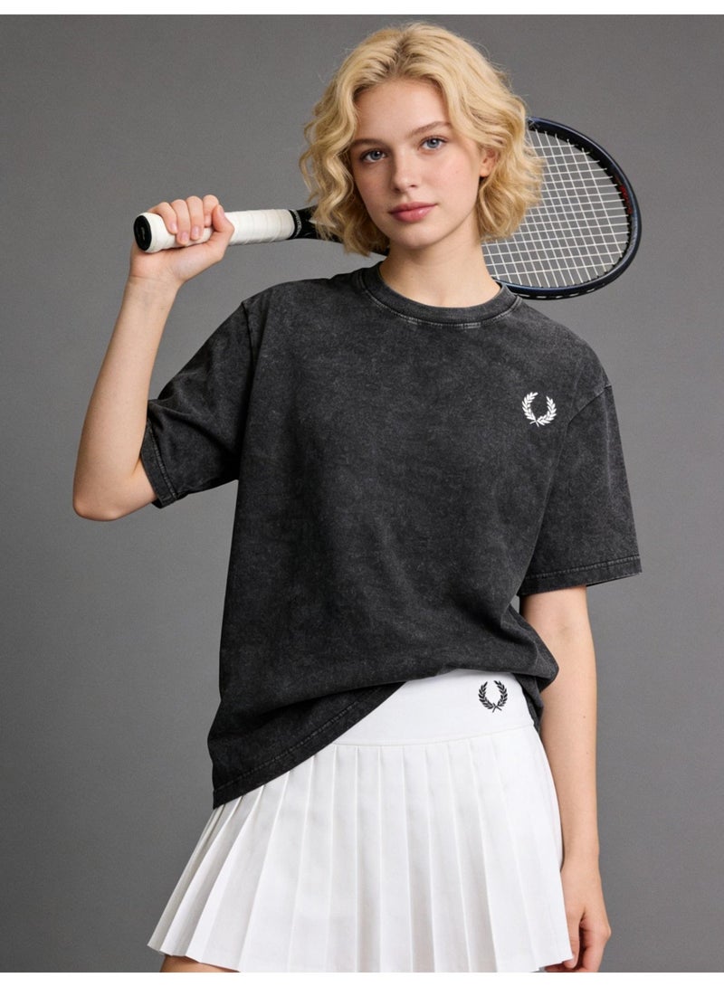 Fred Perry vintage old washed printed loose round neck T-shirt for men and women with the same basic Joker casual shirt. - Image 1