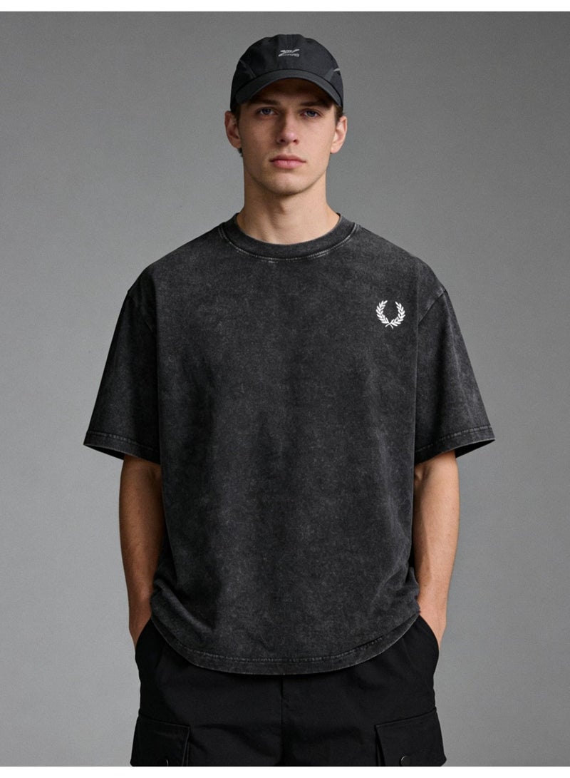 Fred Perry vintage old washed printed loose round neck T-shirt for men and women with the same basic Joker casual shirt. - Image 5