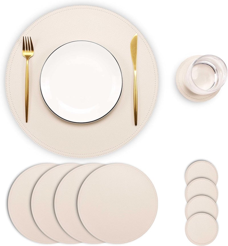 Jovono Set of 4 Faux Leather Round Placemats and Coasters Coffee Mats Kitchen Table Mats Waterproof Easy to Clean for Kitchen Dining Round Table - Image 1