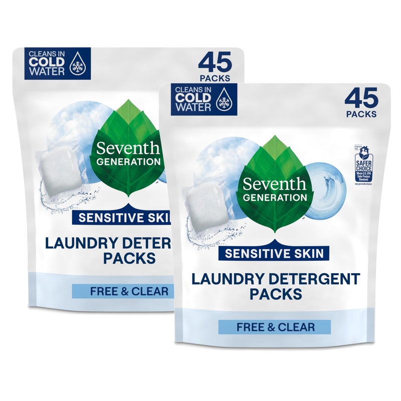 Seventh Generation Laundry Detergent Packs, Free & Clear, 90 Loads (2 pouches, 45 Ct EA) - Image 1