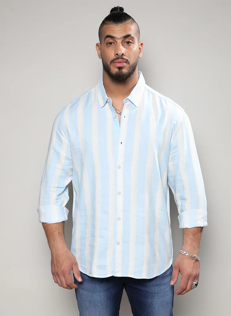 Instafab Plus Instafab Plus Men's Light Blue Shadow Striped Shirt For Casual Wear | Spread Collar | Long Sleeve | Button Closure | Cotton Viscose Shirt Crafted With Comfort Fit For Everyday Wear