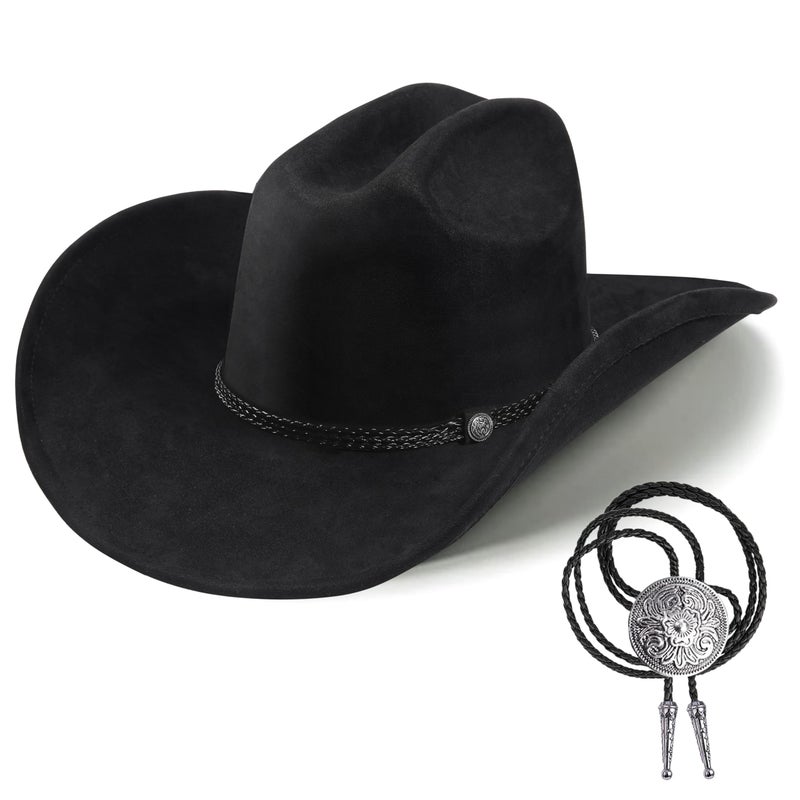 Foeran Western Cowboy Hat for Men Women,Shapeable Wide Brim Felt Fedora Classic Cowgirl Hats for Cowboys and Cowgirls,with bolo tie (US, Alpha, Medium, Large, Black-C) - Image 1