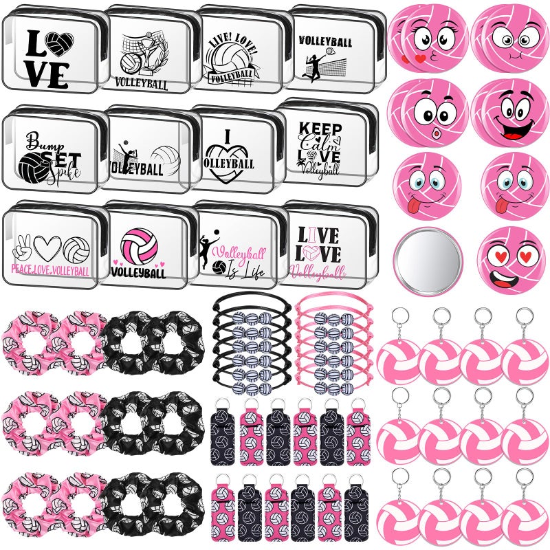 Dansydaisy 72 Pcs Volleyball Party Favors Gifts for Team Volleyball Accessories Include Cosmetic Bag Hair Scrunchies Compact Mirrors Keychain Bracelets Lipstick Holder for Women Birthday Christmas - Image 1