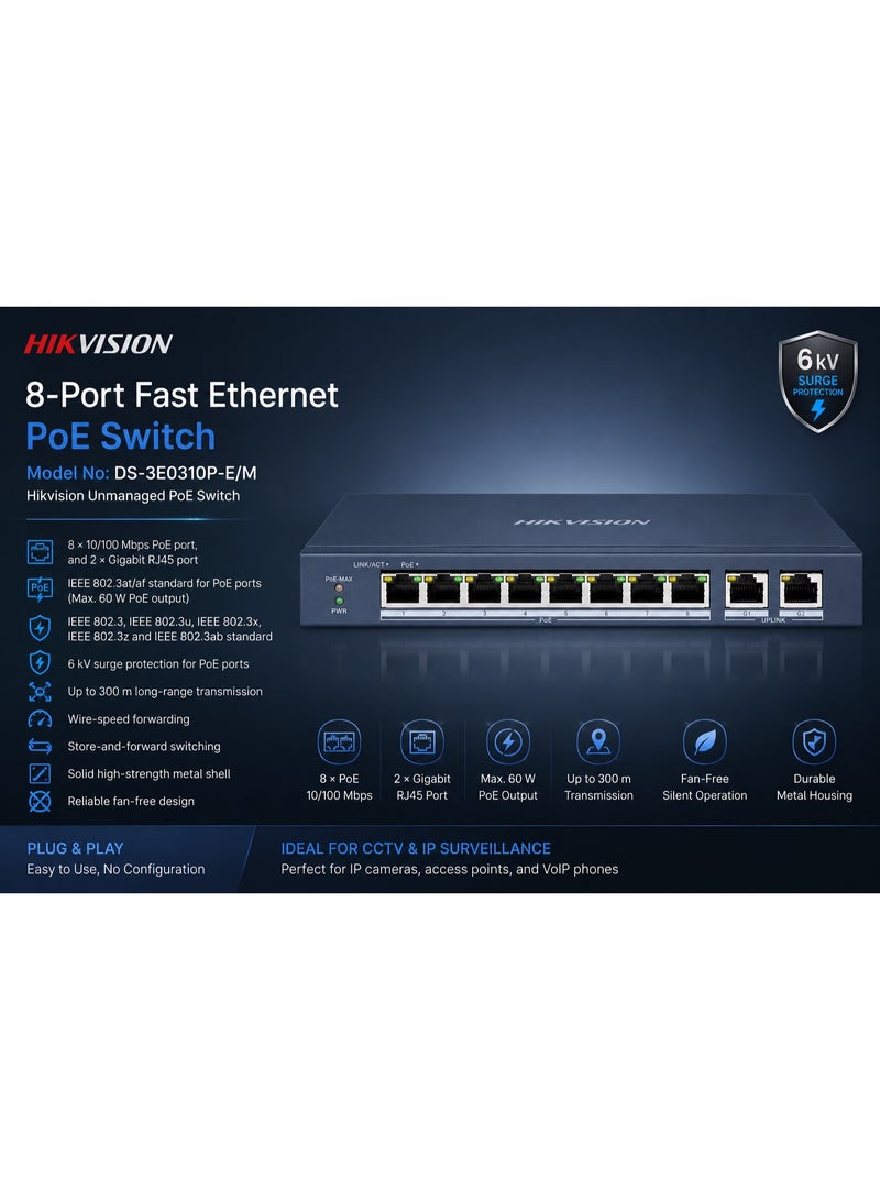 HIKVISION 8-Port CCTV PoE Network Switch | Long Range 300m | Silent Fan-Free Operation - Blue - Image 1