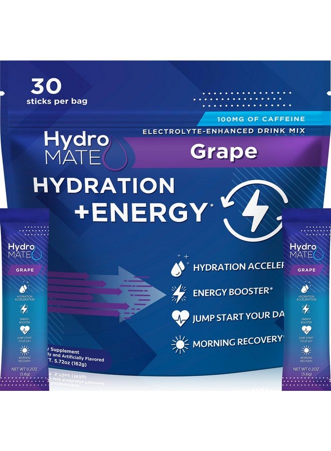 NatureWorks HydroMATE Electrolytes Powder Drink Mix Packets Hydration Accelerator Low Sugar Rapid Party Relief Recovery Vitamin C Plus Grape Pack 30 Count - Image 1