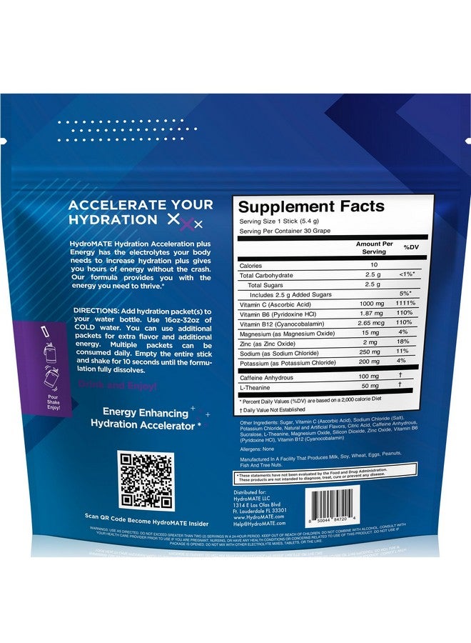 NatureWorks HydroMATE Electrolytes Powder Drink Mix Packets Hydration Accelerator Low Sugar Rapid Party Relief Recovery Vitamin C Plus Grape Pack 30 Count - Image 4