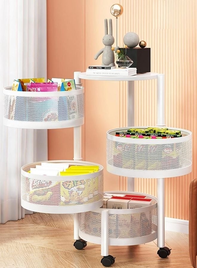 RACK STORE 4 Layer Round Shape Rotating Multipurpose Cart Kitchen Storage Shelf For Fruits And Vegetables Basket With 4 Movable Wheels White Colour - Image 1