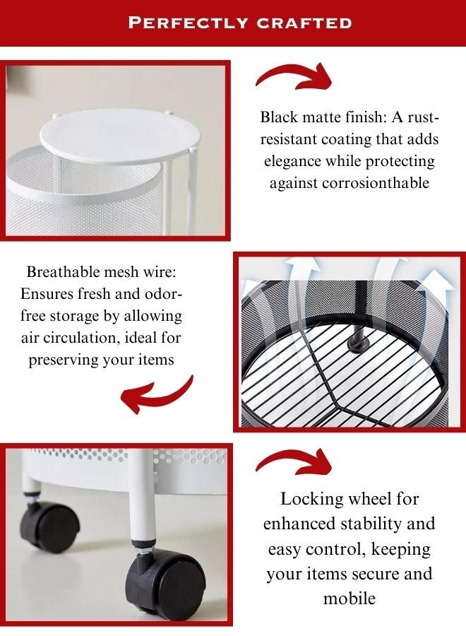 RACK STORE 4 Layer Round Shape Rotating Multipurpose Cart Kitchen Storage Shelf For Fruits And Vegetables Basket With 4 Movable Wheels White Colour - Image 3