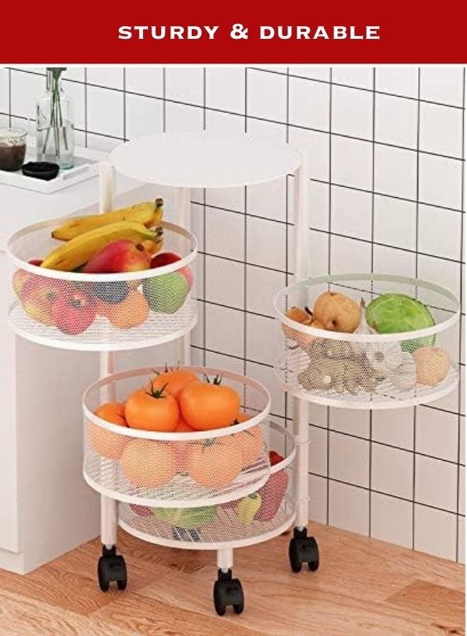 RACK STORE 4 Layer Round Shape Rotating Multipurpose Cart Kitchen Storage Shelf For Fruits And Vegetables Basket With 4 Movable Wheels White Colour - Image 2