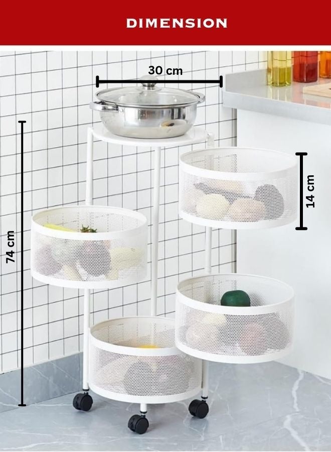 RACK STORE 4 Layer Round Shape Rotating Multipurpose Cart Kitchen Storage Shelf For Fruits And Vegetables Basket With 4 Movable Wheels White Colour - Image 4