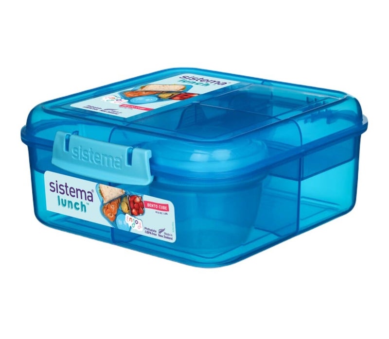 Sistema Bento Cube Lunch Box 1.25L Blue with Multi Compartments, Easy Lock Clip Lid, BPA Free Reusable Food Storage Container for Sandwiches, Snacks & Meal Prep, Made in New Zealand - Image 1