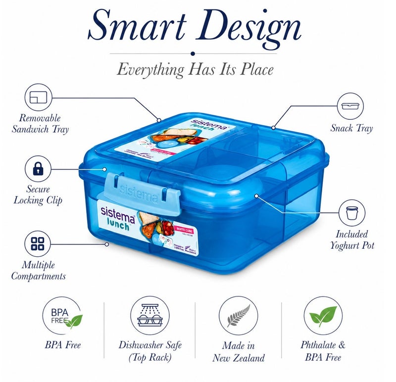 Sistema Bento Cube Lunch Box 1.25L Blue with Multi Compartments, Easy Lock Clip Lid, BPA Free Reusable Food Storage Container for Sandwiches, Snacks & Meal Prep, Made in New Zealand - Image 3