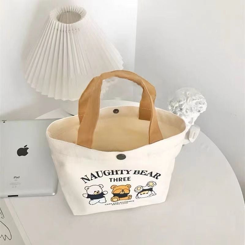 Style Bear Canvas Bag Portable Lunch Bag Cute Cartoon Artistic Handbag Gift Bag For Women - Image 3