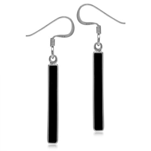 Silvershake Created Black Onyx Inlay White Gold Plated 925 Sterling Silver Stick Dangle Hook Earrings - Image 1