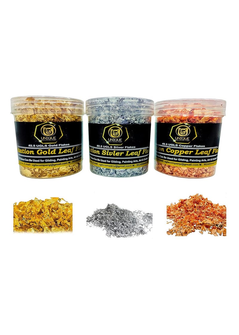 Unique Gold Leafing Studio 15g Gold Leaf Flakes - Gold Flakes for Crafts and Arts, Nails, Resin, Glitter, Gilding, Paintings, 15gm/Bottle (Gold, Silver, Rose) - Image 1