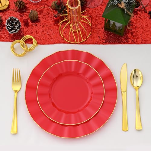 ISFANGCO 60Pcs Heavy Weight Red Plastic Plates with Gold Trim, Heavy Duty Red and Gold Christmas Plates, Elegant Disposable Plate Sets include 30 Dinner & 30 Dessert Plate for Party - Image 3