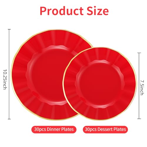 ISFANGCO 60Pcs Heavy Weight Red Plastic Plates with Gold Trim, Heavy Duty Red and Gold Christmas Plates, Elegant Disposable Plate Sets include 30 Dinner & 30 Dessert Plate for Party - Image 2