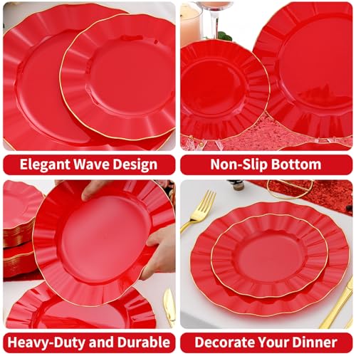 ISFANGCO 60Pcs Heavy Weight Red Plastic Plates with Gold Trim, Heavy Duty Red and Gold Christmas Plates, Elegant Disposable Plate Sets include 30 Dinner & 30 Dessert Plate for Party - Image 5