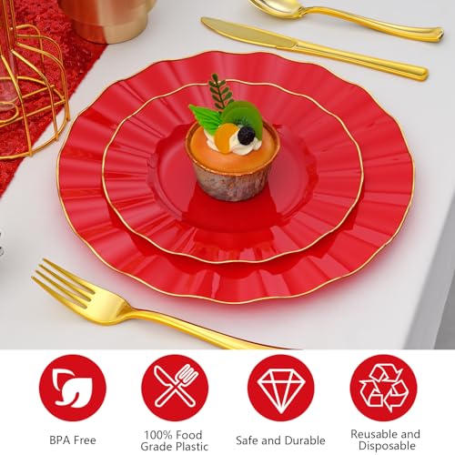 ISFANGCO 60Pcs Heavy Weight Red Plastic Plates with Gold Trim, Heavy Duty Red and Gold Christmas Plates, Elegant Disposable Plate Sets include 30 Dinner & 30 Dessert Plate for Party - Image 4