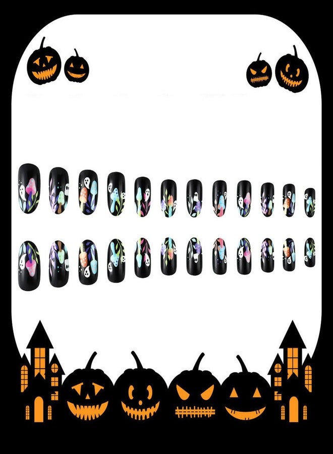 GRITOSE Halloween Press-on Oval Ghost Nails - White, Short, Mushroom Designs, Cute Ghosts, Acrylic, Full Cover, Spooky False Nails - 24 Pcs - Image 3