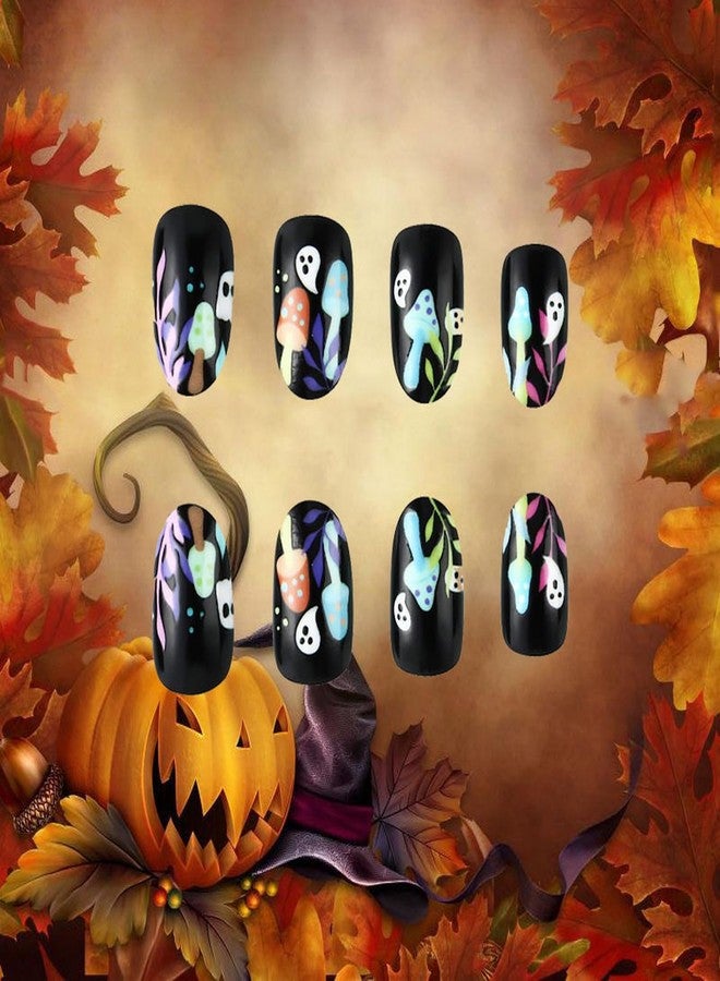 GRITOSE Halloween Press-on Oval Ghost Nails - White, Short, Mushroom Designs, Cute Ghosts, Acrylic, Full Cover, Spooky False Nails - 24 Pcs - Image 4