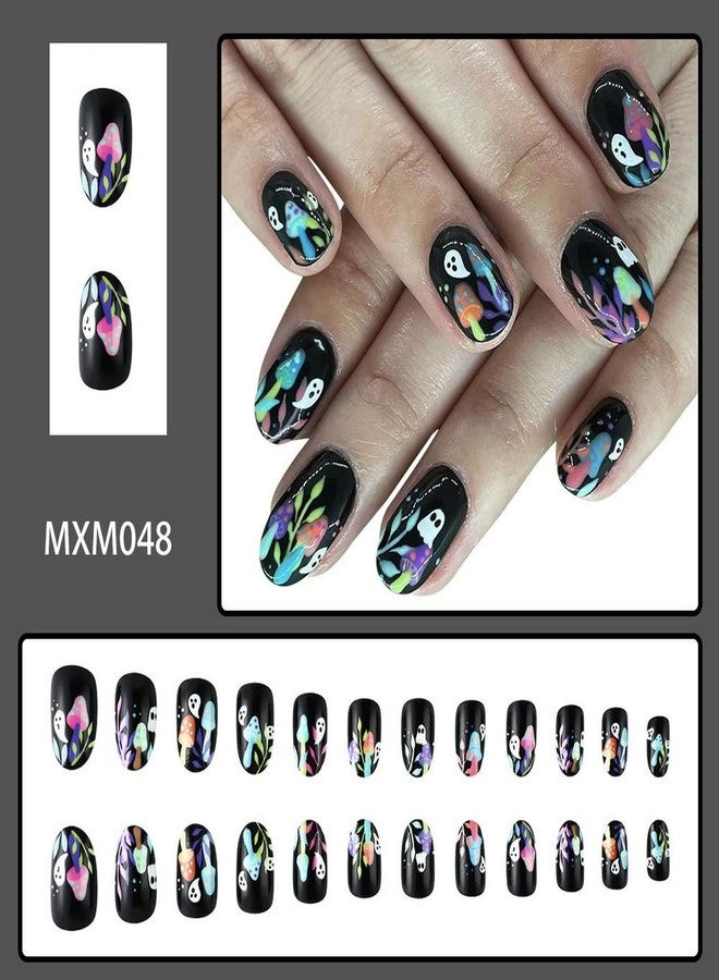 GRITOSE Halloween Press-on Oval Ghost Nails - White, Short, Mushroom Designs, Cute Ghosts, Acrylic, Full Cover, Spooky False Nails - 24 Pcs - Image 2